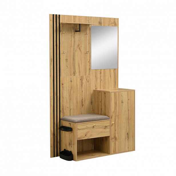 Modfu PŘEDSÍŇOVÁ stěna z MDF 115x37x185 cm přírodní/černá s polstrovaným sedákem, zrcadlem a nastavitelnými policemi