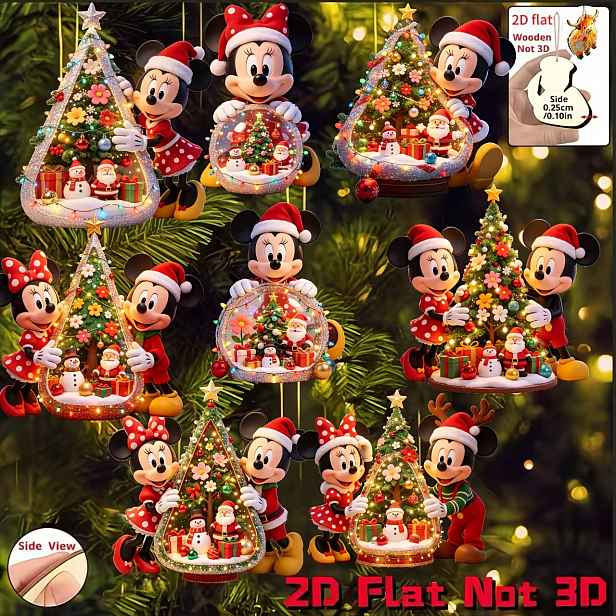 TEMU [2D Ploché] 8 ks/Nové zábavné reliéfní 2D dřevěné vánoční ozdoby, roztomilé vzory Minnie a Mickey, sváteční dárky, dekorativní závěsné ozdoby,