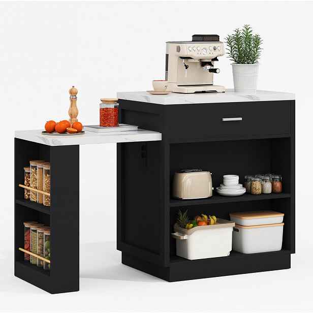 Modfu KUCHYŇSKÝ ostrůvek z MDF 211x55x89,5 cm černý s výsuvným stolem, zásuvkami, USB porty a úložným prostorem
