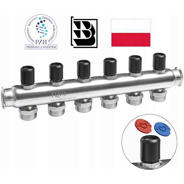 Rozdělovač Inox Home na pitnou vodu 3/4″ z nerezové oceli, 6 sekcí