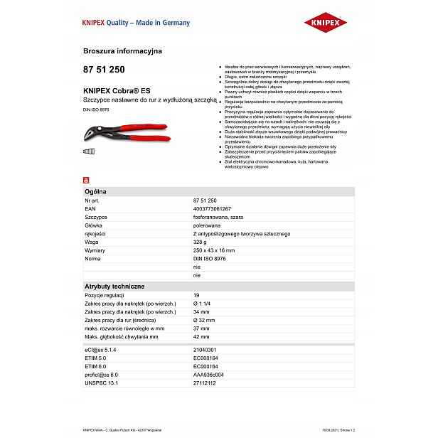 Kleště Na Trubky Cobra S Prodlouženou Špičkou 250 MM