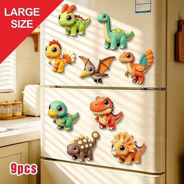 TEMU 9 velkých, silných akrylátových magnetů na lednici s různými roztomilými a realistickými kreslenými dinosaury, 2D plochý design, ideální pro