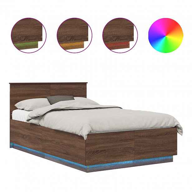 vidaXL Rám postele s LED pásky Hnědý dub 120 x 190 cm Kompozitní dřevo
