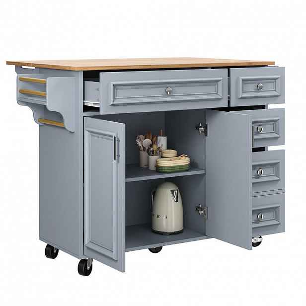 Modfu KUCHYŇSKÝ ostrůvek z MDF 110x45–75x92 cm světle modrý se sklopnou deskou, zásuvkami a nastavitelnými přihrádkami