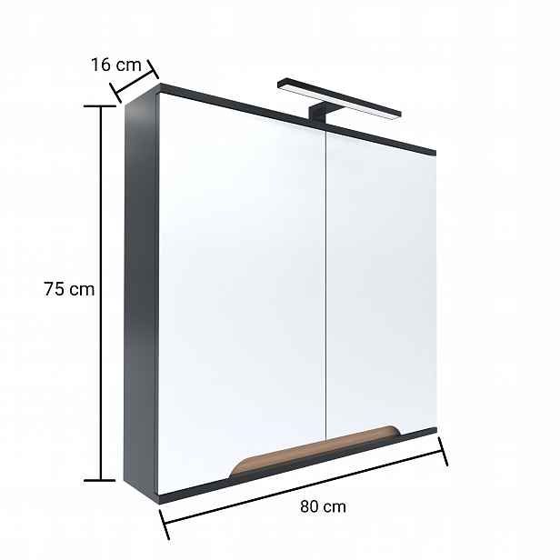 Skříňka se zrcadlem dvoudveřová 80x16x75 GRAFIT/dub, Led lampa 40 cm, Omeble