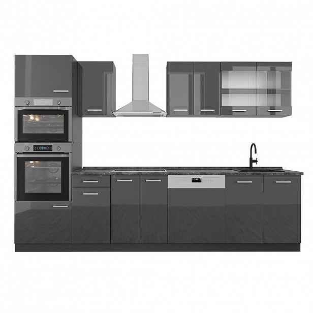 Vicco KUCHYŇSKÝ KOUT R-Line Antracitový vysoký lesk 300 cm s vysokou skříní, PD Antracit
