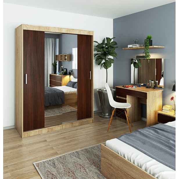 Prostorná šatní skříň 150 cm VALESTRA se zrcadly - dub sonoma / wenge