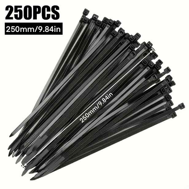 TEMU 250 mm černé stahovací pásky (250 ks) - nastavitelné samosvorné pásky, odolný plastový materiál, vhodné pro auta, domácnost, řemesla, zahradní