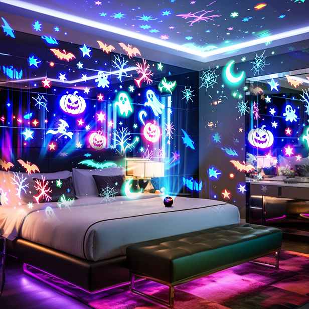 TEMU Halloween projekční světlo s automatickým měnícím se světlem. Ideální pro festivaly, domácí párty a venkovní kempování pro vytvoření úžasně