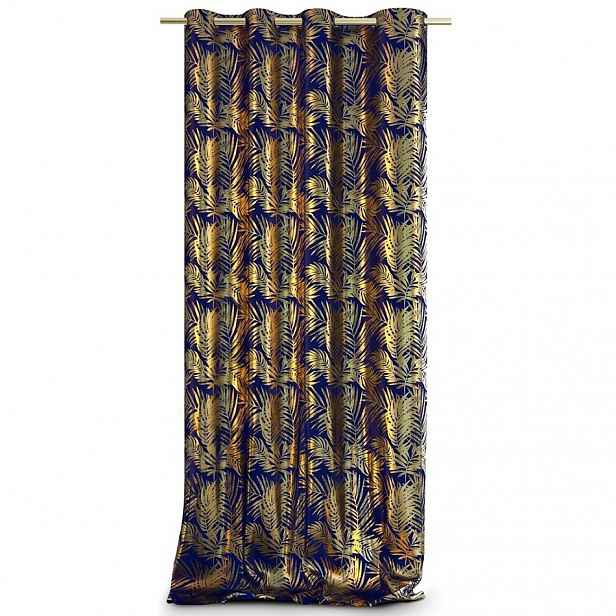 Závěs AmeliaHome Velvet Golden Leaves indigo, 140x245 cm, 1 ks
