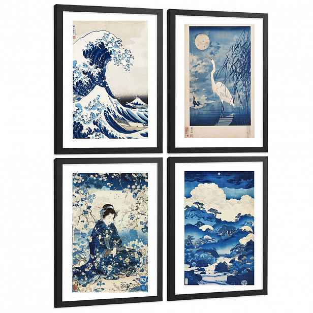 Nacnic PLAKAT Sada 4 Japan Blue A4 Černý rám