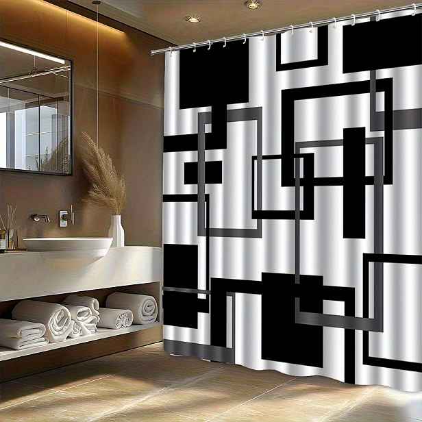 TEMU 1 ks Geometrický Tisk Závěs do Koupelny, Prémiový Elegantní Snadná Instalace Závěs do Koupelny, Vhodný pro Domácí Dekoraci, s 12 Háčky