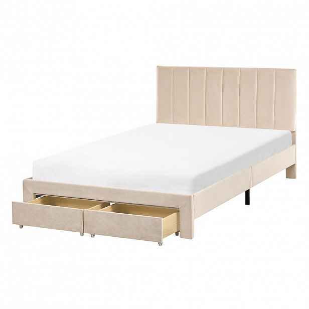 Beliani POSTEL s zásuvkami 120/200 cm Sametová látka Béžová Lonzac