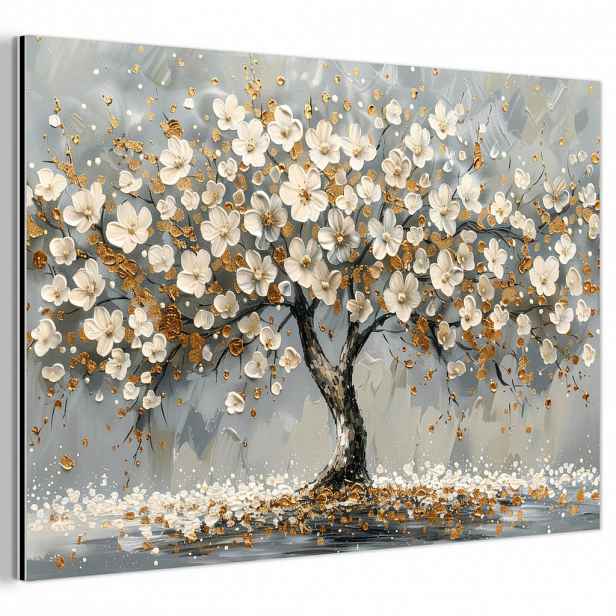 MuchoWow KOVOVÝ OBRAZ Strom - Květiny - Bílá - Příroda - Umění 90x60 cm