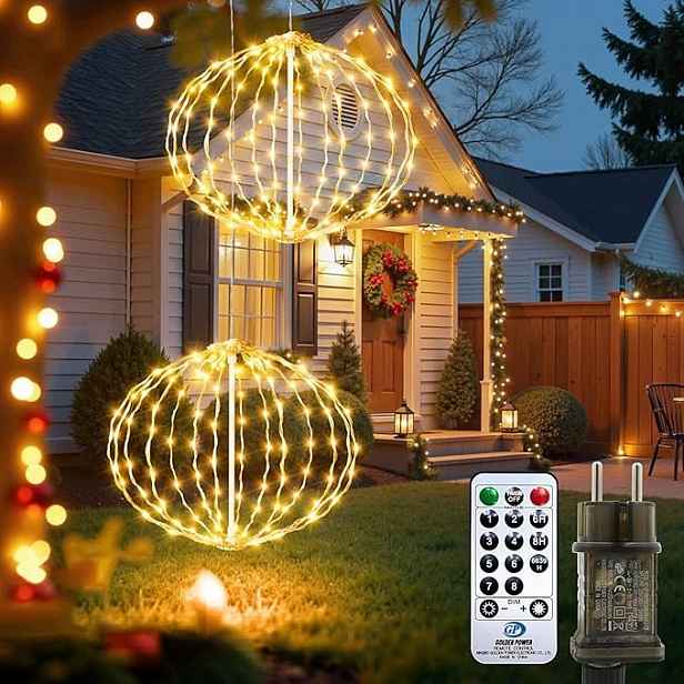 Vánoční Led lampy závěsné koule 20 cm 2 ks teplá bílá IP65 Časovač