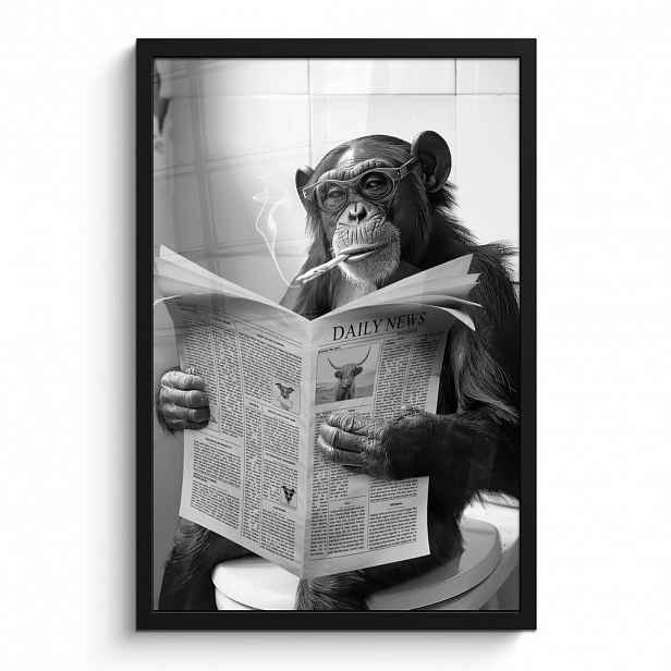 MuchoWow PLAKÁT V RÁMU Opice - WC - Noviny - Černobílé - Humor 40x60 cm
