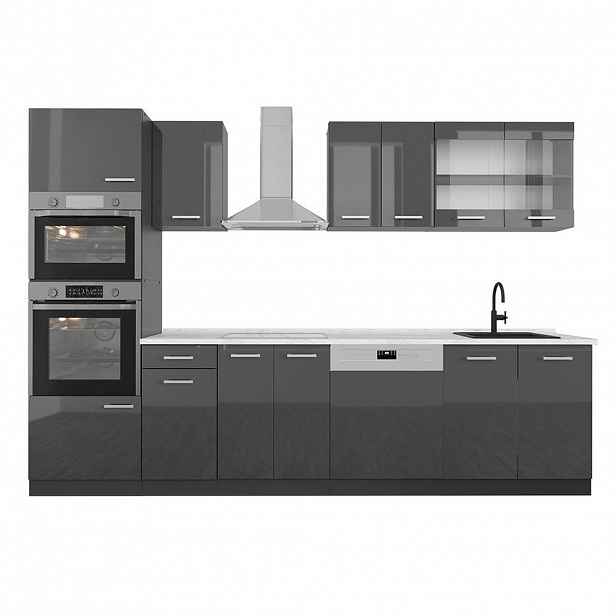 Vicco KUCHYŇSKÝ KOUT R-Line Antracitový vysoký lesk 300 cm s vysokou skříní, PD Mramor