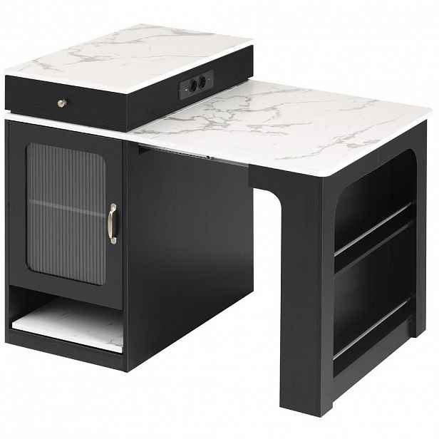 Modfu KUCHYŇSKÝ ostrov z MDF a skla 151x80x92 cm bílá/černá s výsuvnou deskou, úložným prostorem a zásuvkami