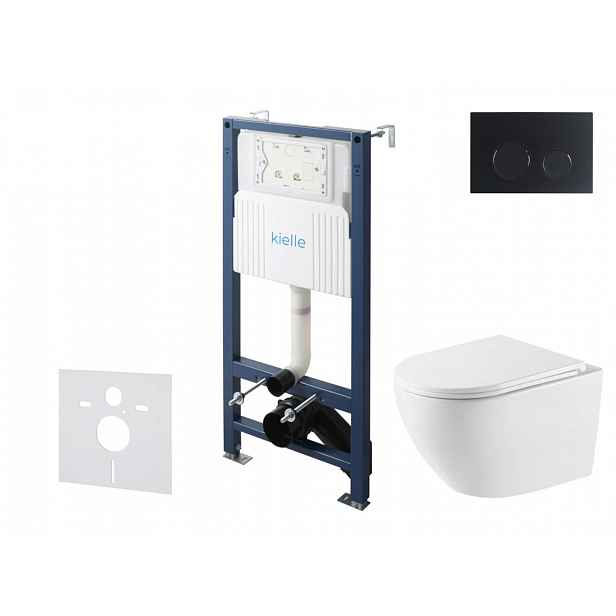 kielle Genesis New - Set předstěnové instalace, klozetu Oudee, Vortex Rimless+, sedátka softclose a tlačítka Gemini New II, matná černá 30528SS60