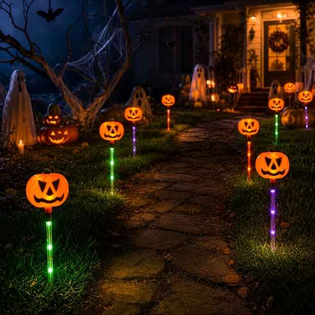 TEMU Solární dýně světla na cestu pro Halloween, 6 kusů LED barevných zemních světel, solární dýně zemní světla, strašidelná dekorativní světla,