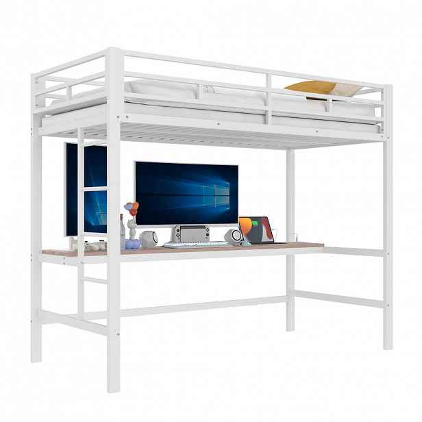 FLIEKS VYVÝŠENÁ POSTEL 90x200cm Kov Stůl USB Zásuvka Bílá