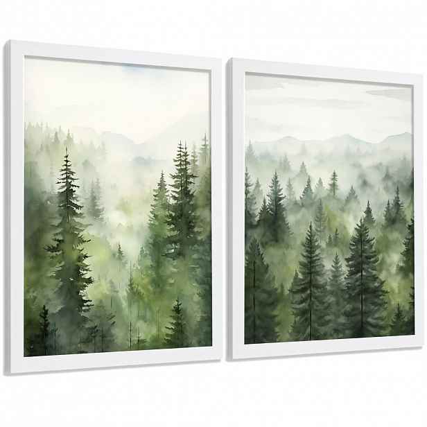 Nacnic PLAKAT Sada 2 dekorativních tisků Nordic Forest Landscape Moderní obývák Obrázky - Zelené dekorativní plakáty Dekorace Obývací pokoj A3 Bílý rá