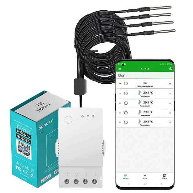 Snímač Teploty Termostat WiFi Sonoff THR316 DS18B20 4x5m Nahraná Supla