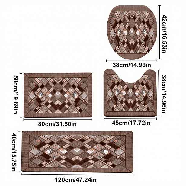 TEMU Sada 4 ks Módní Hnědé Geometrické Vzorované Ochranné Koupelnové Rohožky, Protiskluzová Koupelnová Rohožka, Flanelová Koupelnová Rohožka,