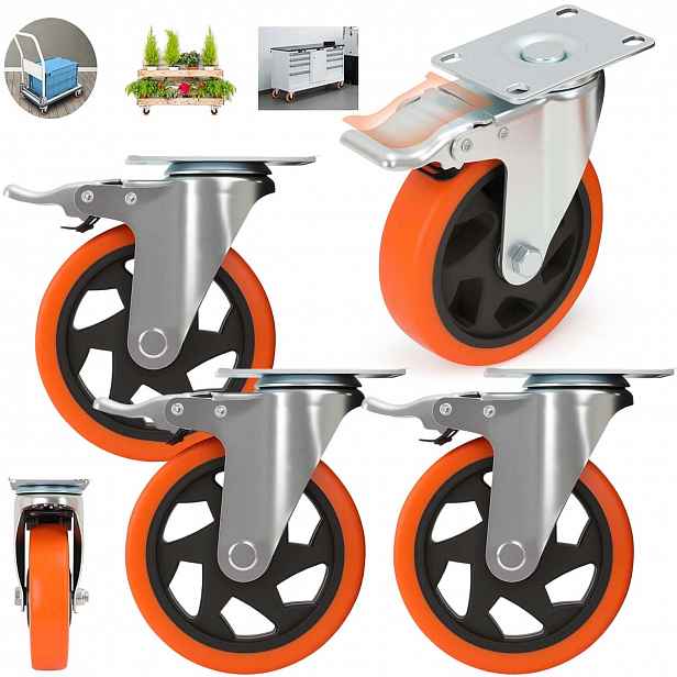4X Otočné Kolečko 100 MM S Brzdou Do 360 Kg, Průmyslové, Pro Vozík, Polyuretan