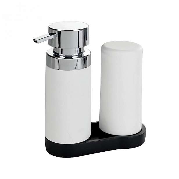 Sada 2 bílých zásobníků na mycí prostředek s podtáckem Wenko Squeeze, 250 ml
