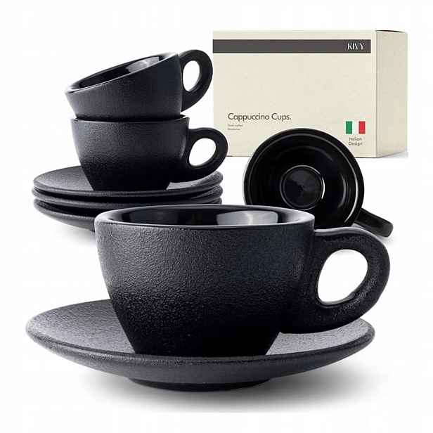Šálky na Cappuccino 180 ml s podšálky, 4 ks Kamenina černá Premium