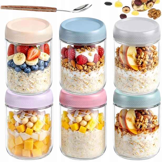 6 Ks kelímků na jogurt Vločky Sada 4 ks s víčkem 500 ml ovesná kaše Fit