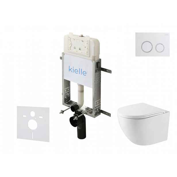 kielle Genesis New - Set předstěnové instalace, kompaktního klozetu Oudee, Vortex Rimless+, sedátka softclose a tlačítka Gemini New II, lesklá bílá/ch
