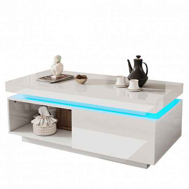 Modfu KONFERENČNÍ stolek z dřevotřísky 100x50x40,3 cm bílý s LED osvětlením, zásuvkou a vysokým leskem