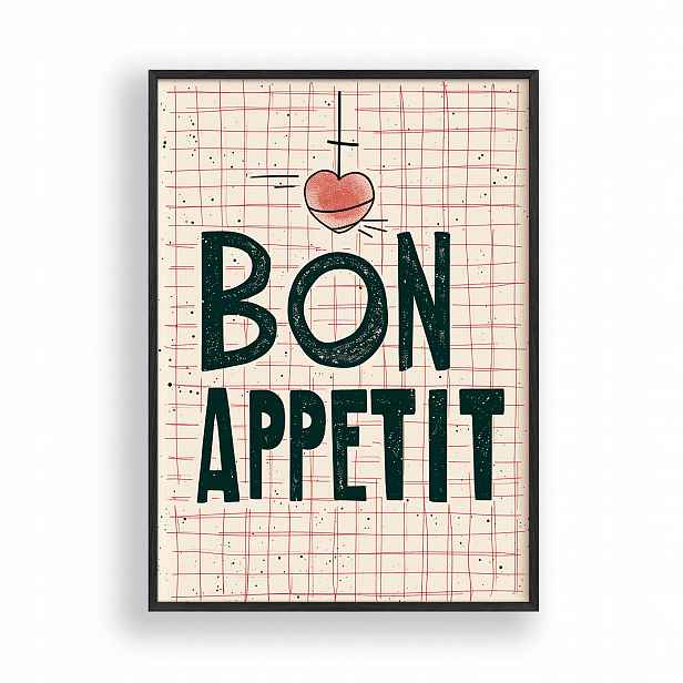 Obraz Bon Appetit Kuchyně Typografie Plakát Rámeček Dřevěný Černý 30x42 cm