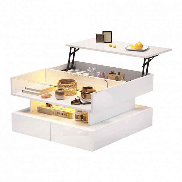 Modfu KONFERENČNÍ stolek z dřevotřísky 80x80x45 cm bílý s LED osvětlením, výklopnou deskou a 2 zásuvkami