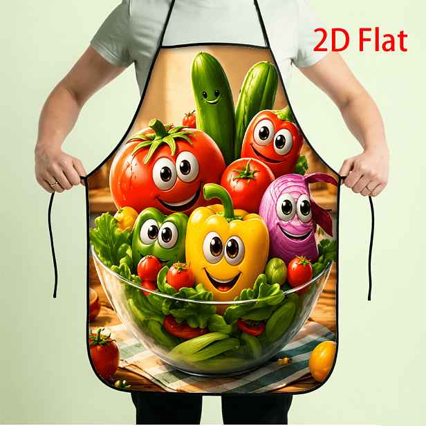 TEMU 1 ks 2D plochý potisk kreslené zeleninové zástěry Vtipná usměvavá rajčata Okurka Paprika Cibule Salátová mísa Barevná kuchyňská kuchyňská