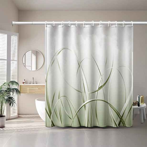 TEMU 1ks Minimalistická sprchová závěs s potiskem přírodních zelených travních listů, jednoduchý umělecký styl dekorace do koupelny s plastovými