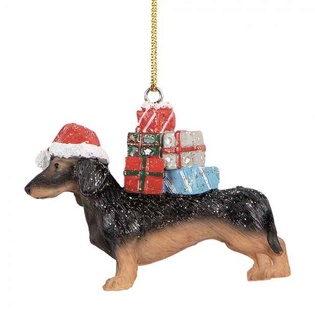 Hnědá závěsná dekorace jezevčík Dachshund s dárečky - 7*2*6 cm Clayre & Eef