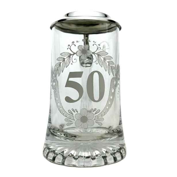 Pivní sklenice na pivo 50 let výroční s cínovým víčkem, korbel, 0,4 l