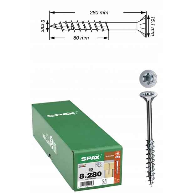 Univerzální vruty Wirox do dřeva, konstrukce Spax 8 x 280 mm 50 ks
