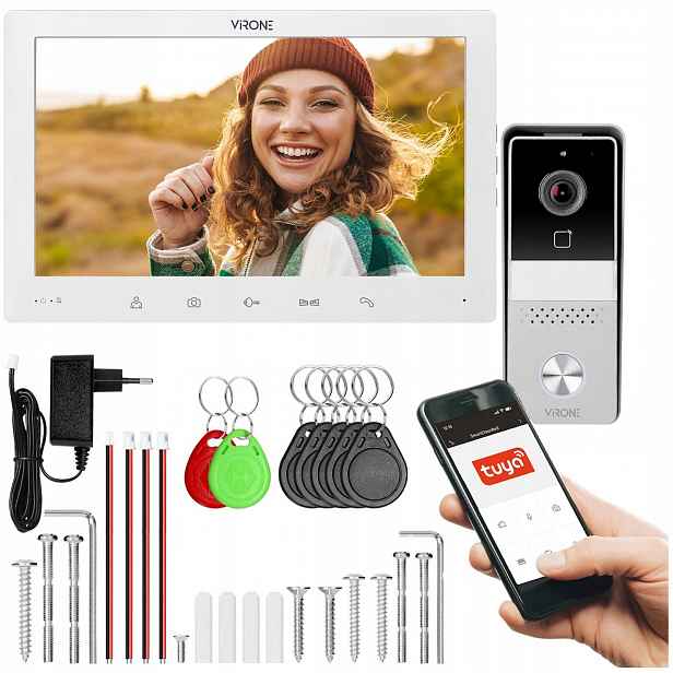 Virone Full Hd videotelefonní sada Tuya Wi-Fi dotykový panel Rfid Bílá