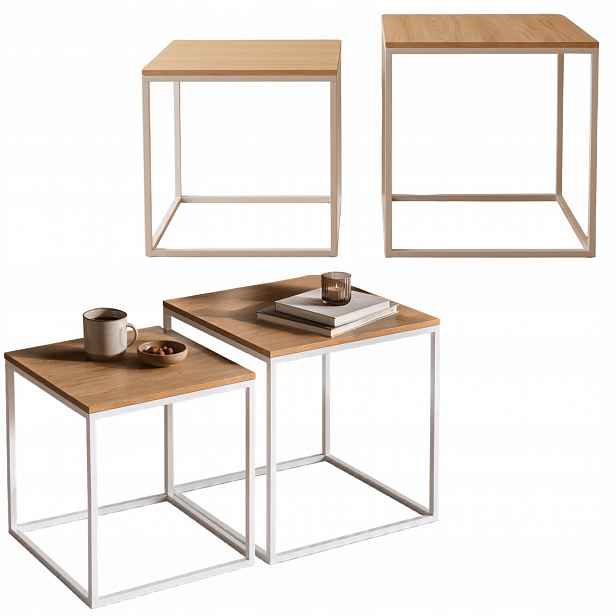 Sada 2 Konferenčních Stolků Kov Bílohnědý 50X50X50,5 45X45X45,5