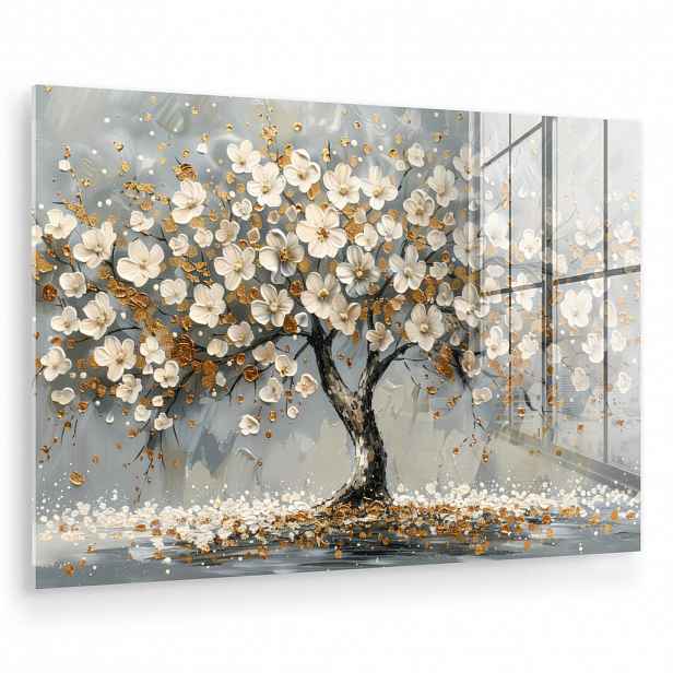 MuchoWow OBRAZ NA AKRYLOVÉM SKLE Strom - Květiny - Bílá - Příroda - Umění 90x60 cm