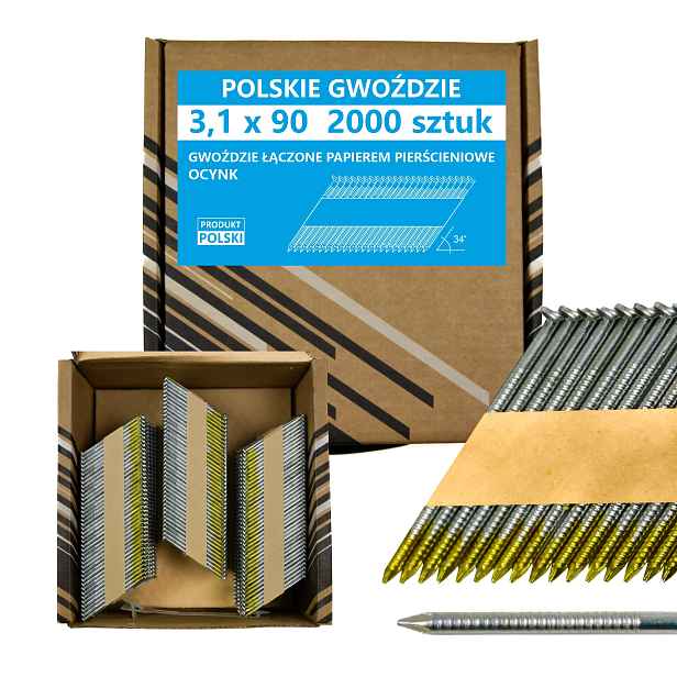 Polské hřebíky do hřebíkovačky spojené papírem 3,1x90 mm 34° 2000ks Pozink