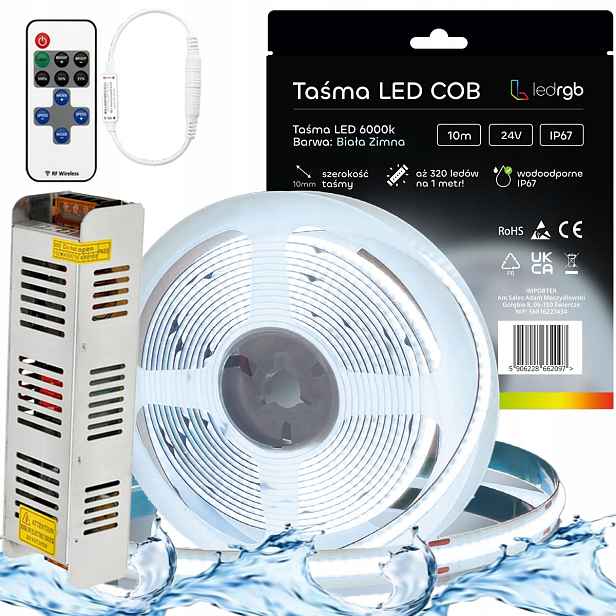 Sada Led pásků Cob 24V 5 m 6000K Bílá Studená Napájecí Zdroj Dálkový Ovladač IP67 Vodoodpo