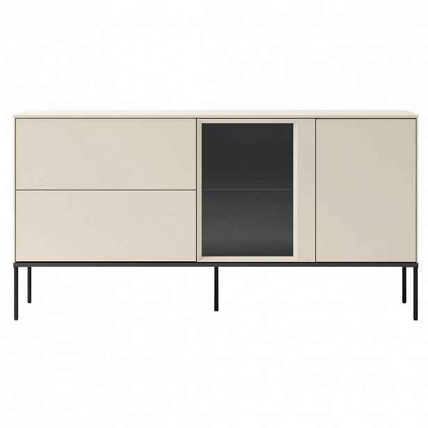 Selsey KOMODA Bellezo s osvětlenou prosklenou vitrínou Krémová 196 cm