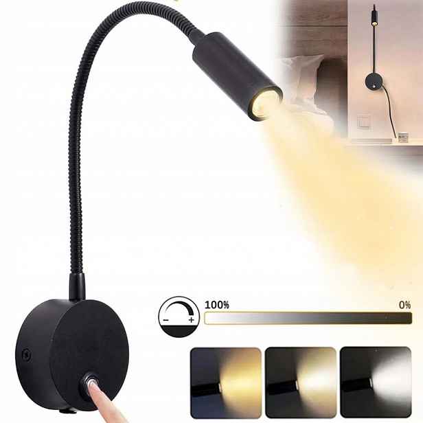 Led Nástěnné Svítidlo Na Čtení, Černá Noční Lampa Do Ložnice S Regulací Dotyku
