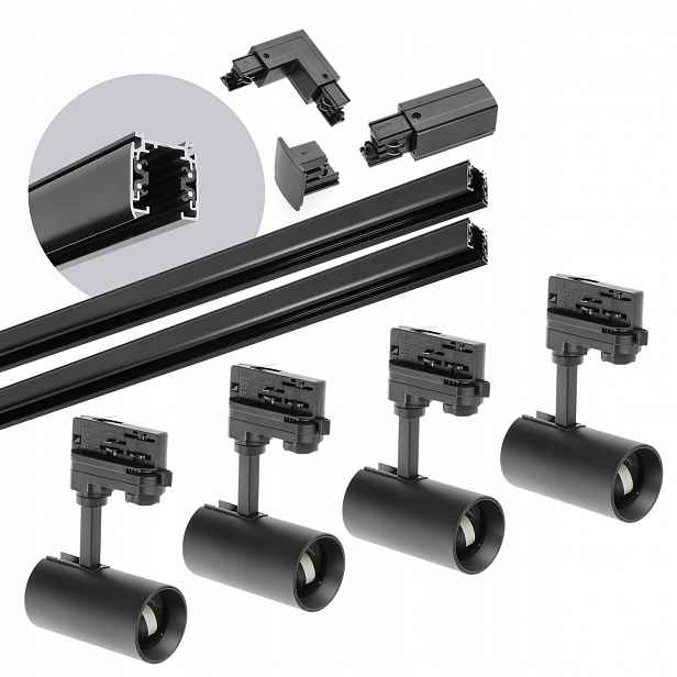3-fázový kolejnicový set 4xLampa GU10 2x kolejnice 1 m spojka L Černá