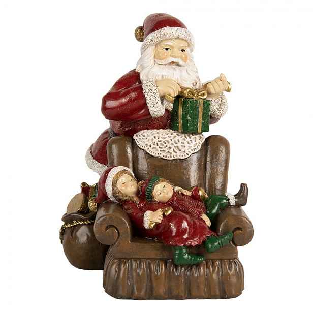 Červená vánoční dekorace Santa stojící u křesla s dětmi - 17*13*18 cm Clayre & Eef
